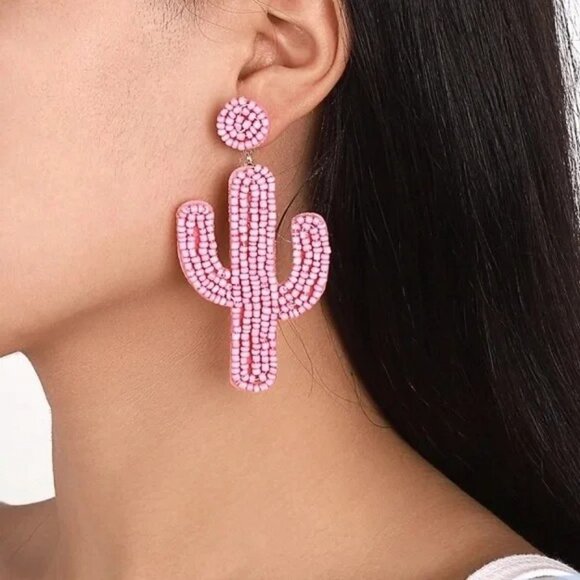 Cactus Glass Bead Green Statement Desert Plant Southwestern Dangle Party Earring - Picture 5 of 6